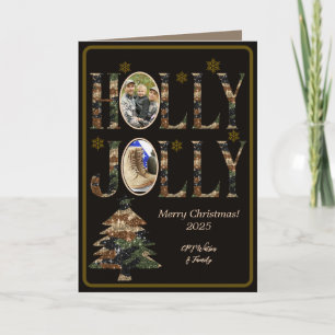 Dark Mocha Photo Camo Holly Jolly Merry Christmas Card