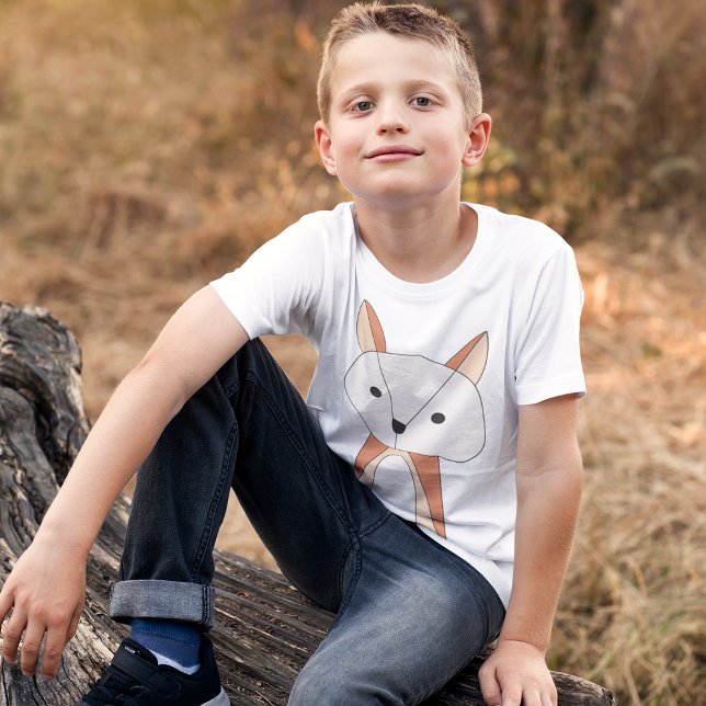 Dark Mode Fox Cartoon T-Shirt (Boy playing in woods, wearing cartoon fox tshirt)