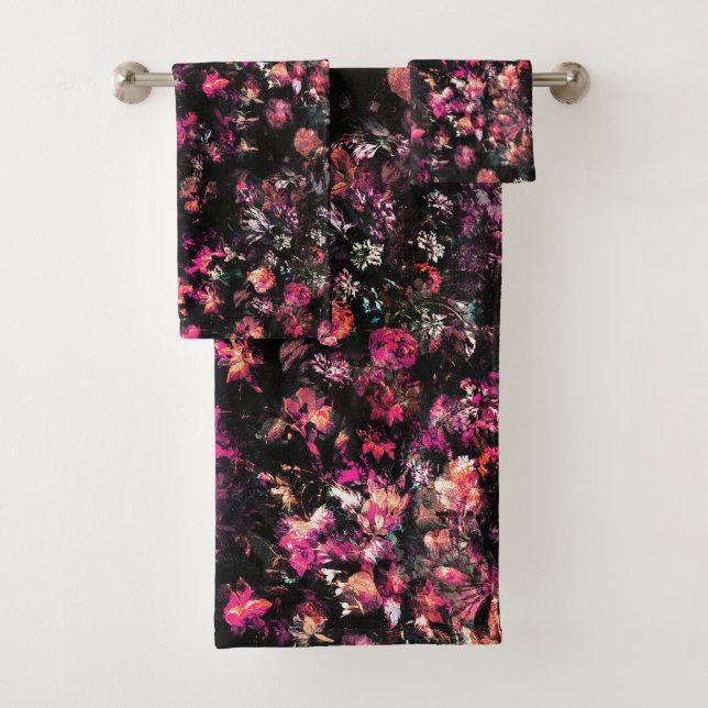 Dark Modern Abstract Pink Burgundy Flowers  Bath Towel Set (Insitu)