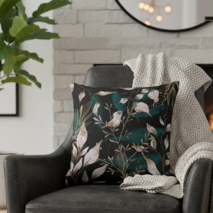 Dark Modern Boho Botanical Leaves Cushion