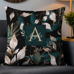 Dark Modern Boho Botanical Leaves Monogram Cushion