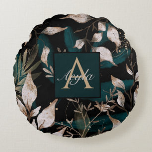 Dark Modern Boho Botanical Leaves Monogram Round Cushion