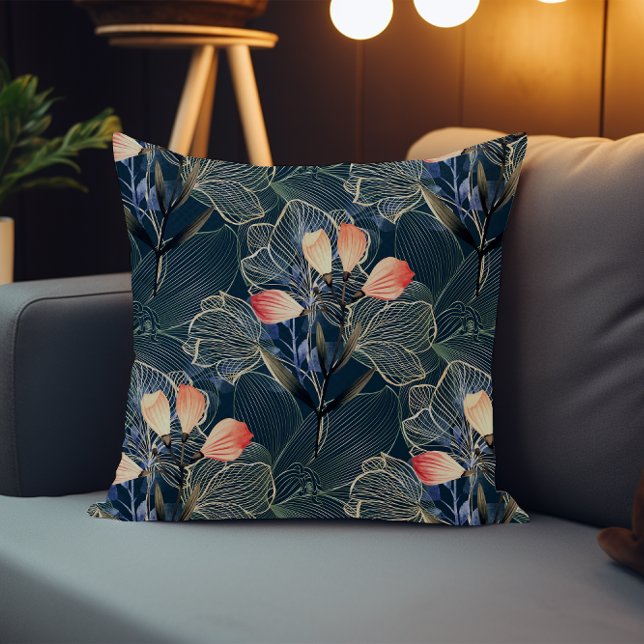 Dark Modern Elegant Boho Floral Blue Cushion (Creator Uploaded)