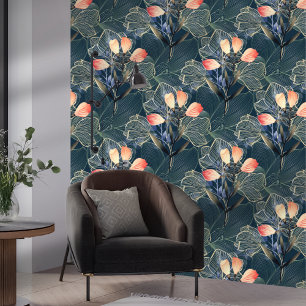 Dark Modern Elegant Boho Floral Blue Wallpaper