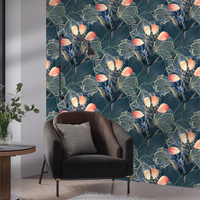 Dark Modern Elegant Boho Floral Blue Wallpaper (Creator Uploaded)