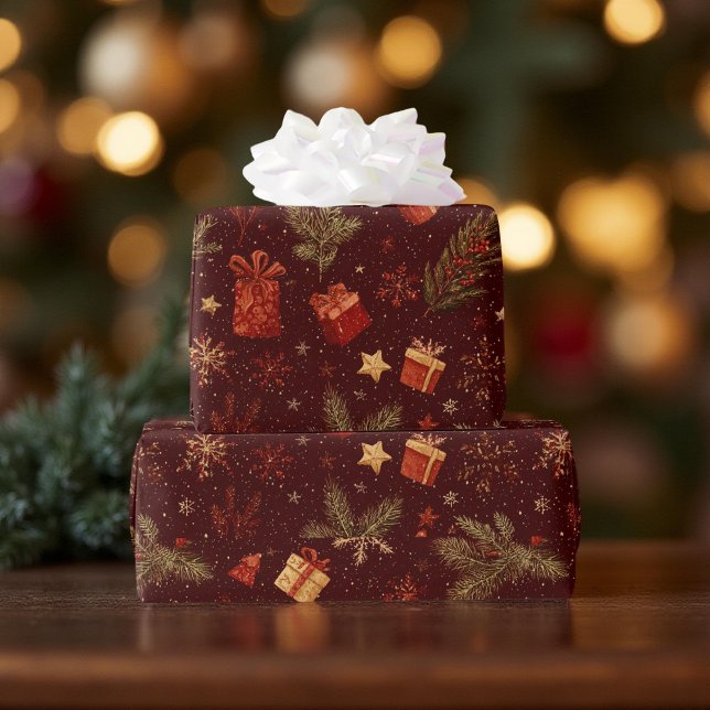 Dark Modern Elegant Holiday Patterns Pine Berry Wrapping Paper (Creator Uploaded)