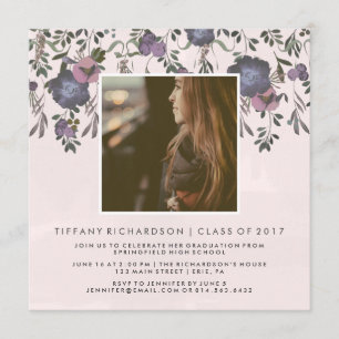 Dark Modern Floral Photo Graduation Party Invitation