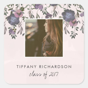 Dark Modern Floral Photo Graduation Square Sticker
