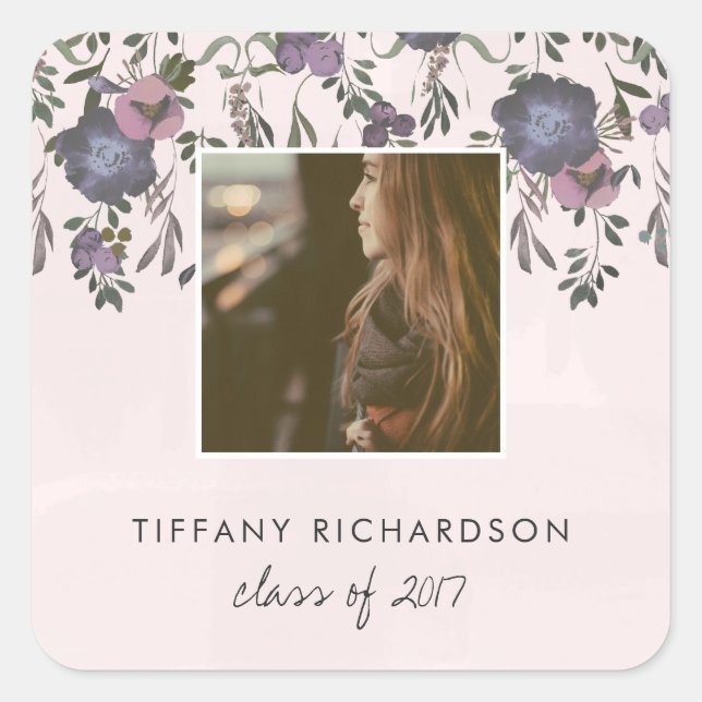 Dark Modern Floral | Photo Graduation Square Sticker (Front)