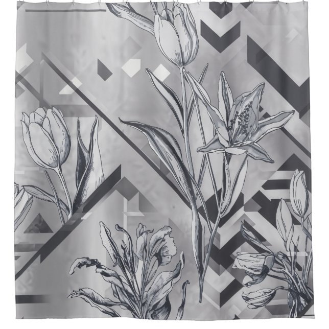Dark Modern Geometric Tulip Line Art Pattern (2) Shower Curtain (Front)
