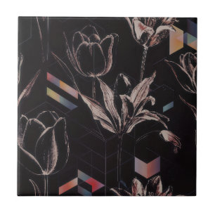 Dark Modern Geometric Tulip Line Art Pattern Tile