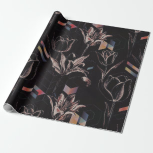 Dark Modern Geometric Tulip Line Art Pattern Wrapping Paper