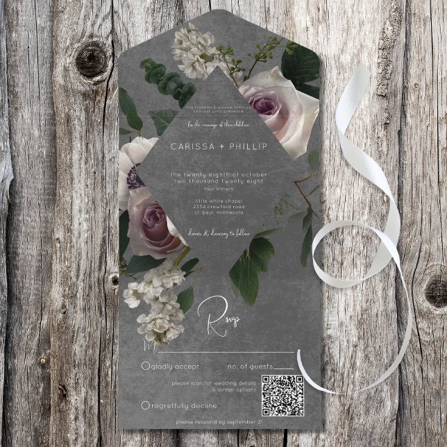 Dark Modern Pink & White Moody Floral QR Code All In One Invitation (Creator Uploaded)
