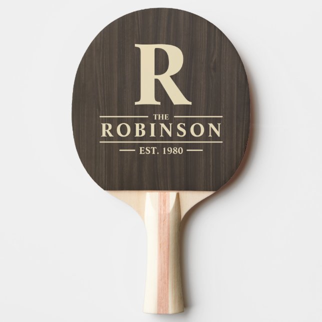 Dark Modern Wood Family Name & Initial Ping Pong Paddle (Front)