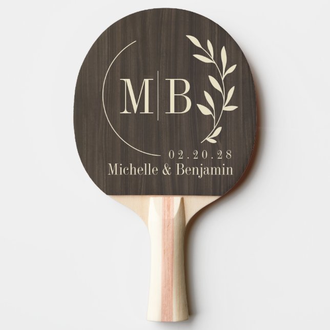 Dark Modern Wood Leaf Wedding Monogram Ping Pong Paddle (Back)