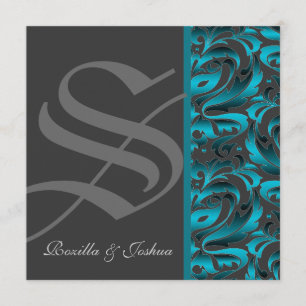 Dark Monogram Teal Damask Wedding Invitation