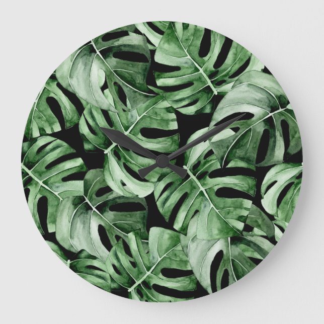 Dark Monstera: Tropical Watercolor Print. Large Clock (Front)