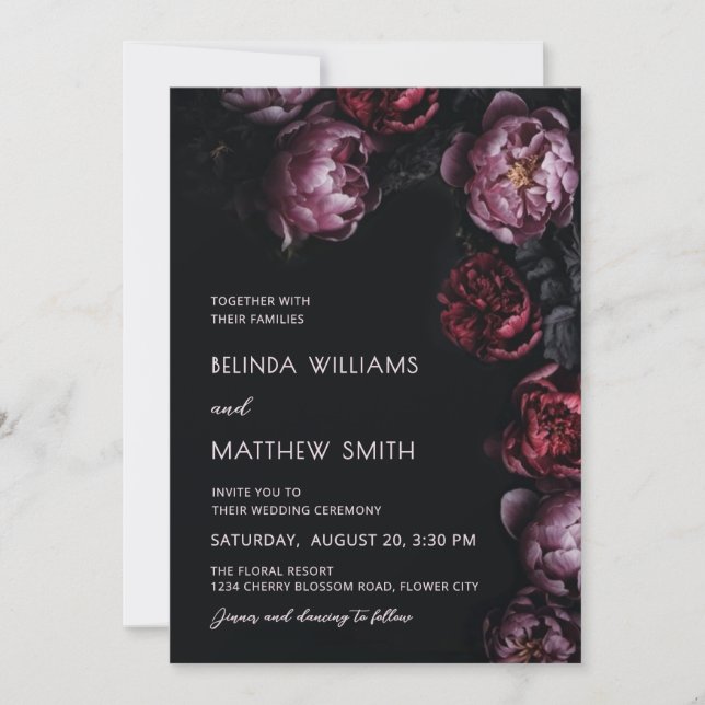 Dark Moody 3D Flowers Wedding Invitation (Front)