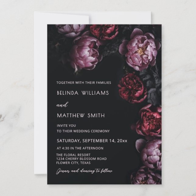 Dark Moody 3D Flowers Wedding Invitation (Front)