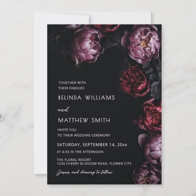 Dark Moody 3D Flowers Wedding Invitation (Front)