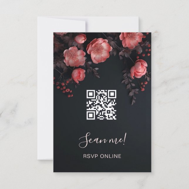Dark Moody 3D Roses Wedding | Scan Me  RSVP Card (Front)