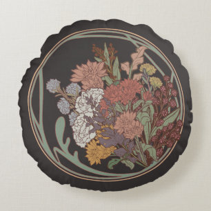 Dark & Moody Art Nouveau Floral Bouquet Round Cushion