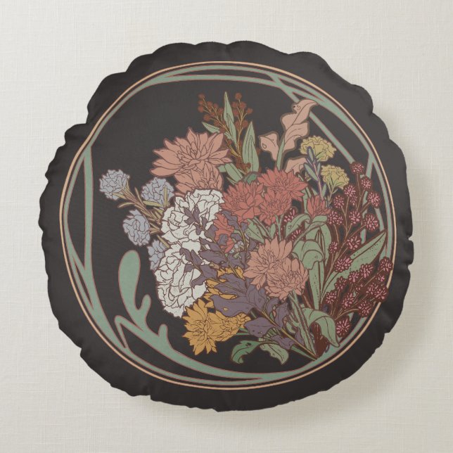 Dark & Moody Art Nouveau Floral Bouquet Round Cushion (Front)