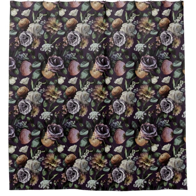 Dark Moody Autumn Floral Purple Shower Curtain (Front)