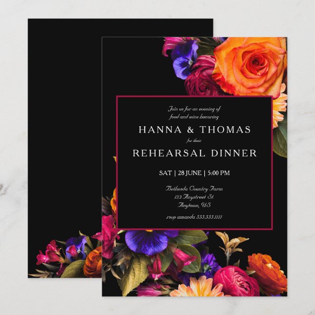 Dark Moody Autumn Floral Wedding Rehearsal Dinner Invitation (Front/Back)