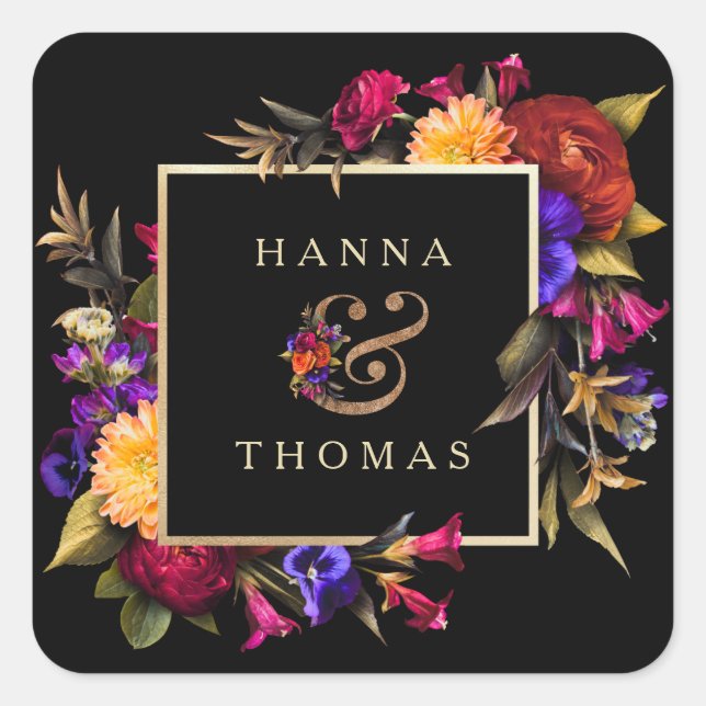 Dark Moody Autumn Floral Wedding Thank You Square Sticker (Front)