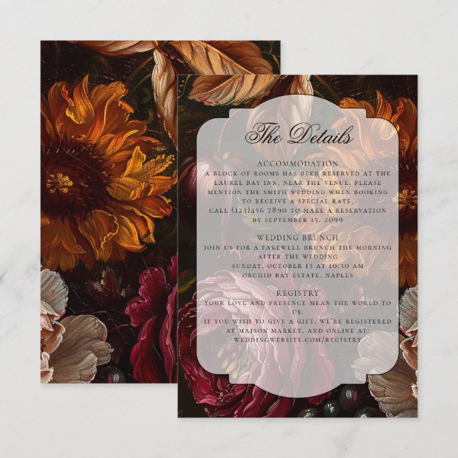 Dark Moody Baroque Florals Flowers Fall Wedding Enclosure Card (Front/Back)
