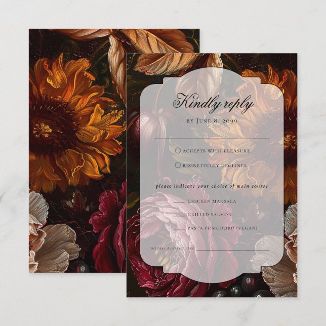 Dark Moody Baroque Florals Flowers Fall Wedding RSVP Card (Front/Back)