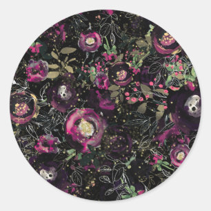 Dark Moody Berry Plum Sparkle Floral Modern Classic Round Sticker