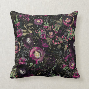 Dark Moody Berry Plum Sparkle Floral Modern Cushion