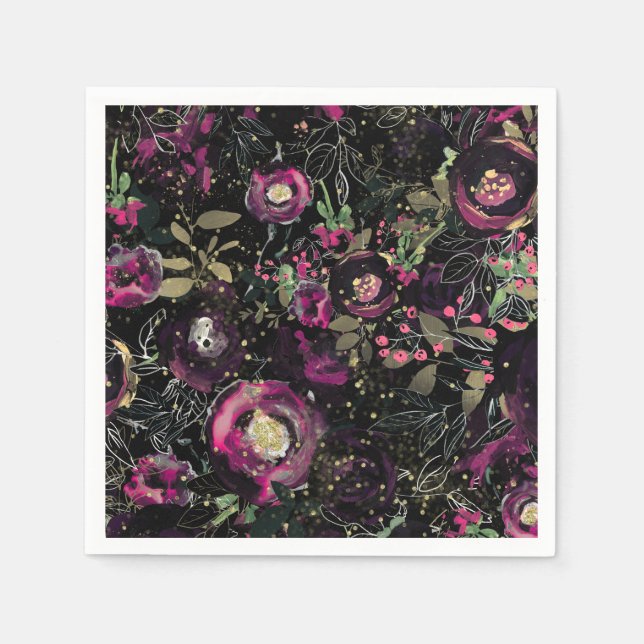 Dark Moody Berry Plum Sparkle Floral Modern Napkin (Front)