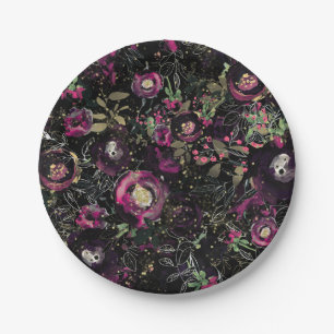 Dark Moody Berry Plum Sparkle Floral Modern Paper Plate