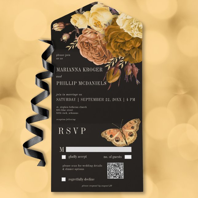 Dark Moody Black Autumn Floral QR Code All In One Invitation (Dark Moody Black Autumn Floral QR Code All In One Invitation)