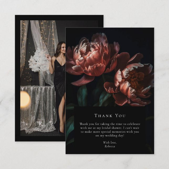 Dark Moody Black Gothic Floral Bridal Shower Photo Thank You Card (Front/Back)