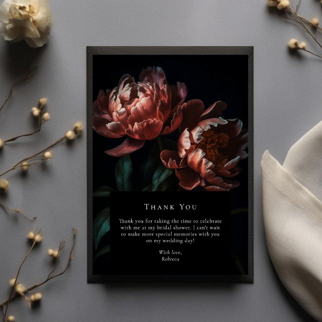 Dark Moody Black Gothic Florals Bridal Shower Thank You Card (Creator Uploaded)