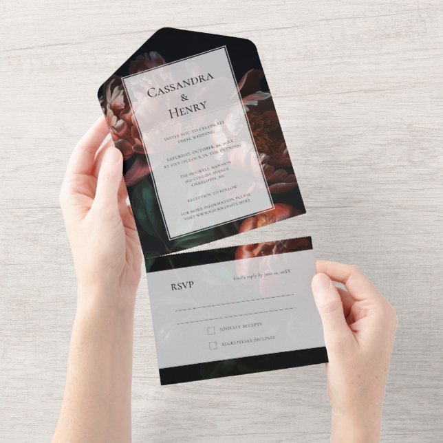 Dark Moody Black Gothic Florals Wedding All In One Invitation (Tearaway)
