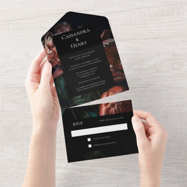 Dark Moody Black Gothic Florals Wedding All In One Invitation (Tearaway)
