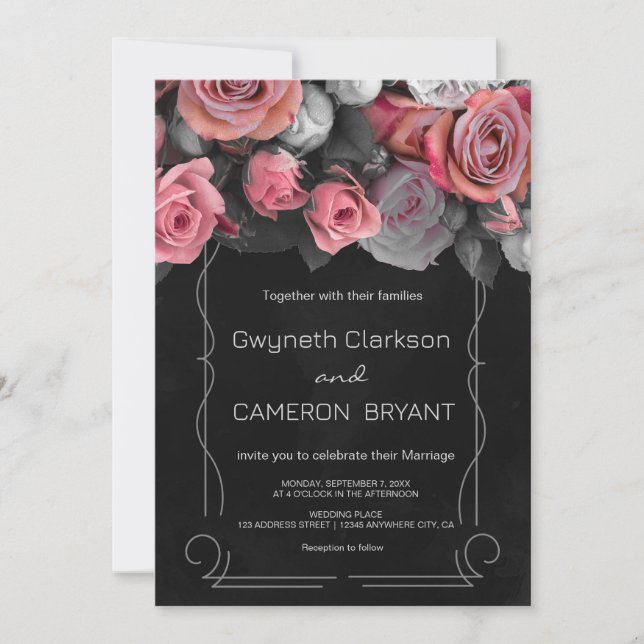 Dark Moody Black Pink Florals  Invitation (Front)