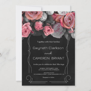 Dark Moody Black Pink Florals  Invitation