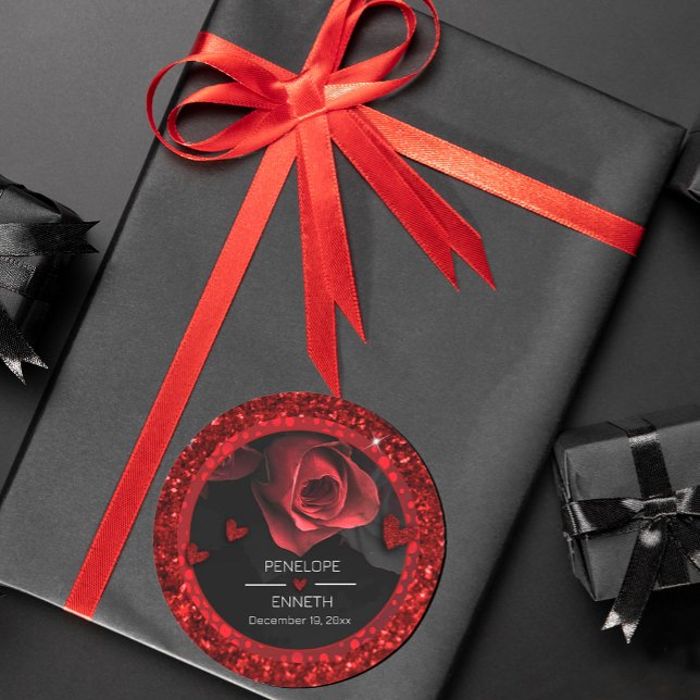 Dark Moody Black Red Florals Classic Round Sticker (#zazlemade #BurgundyRed #darkmoody #weddingfavor #blackandred #gitterred #sparkles #heart #chic)