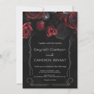 Dark Moody Black Red Florals  Invitation