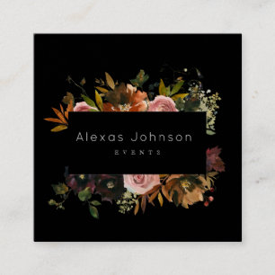 Dark Moody Black Rustic Autumn Floral Square Busin Business Card