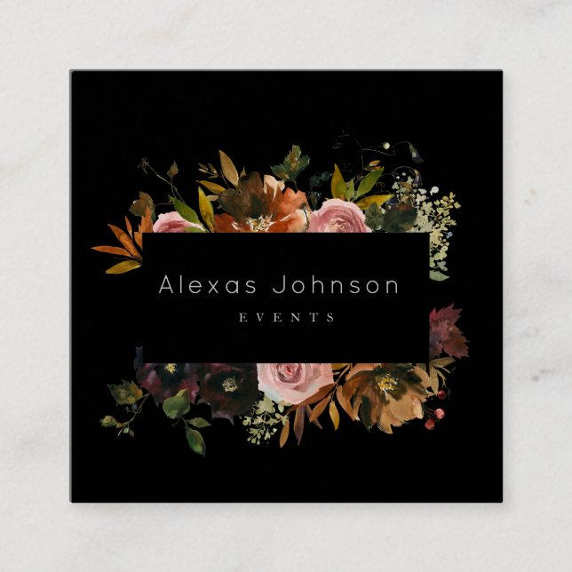 Dark Moody Black Rustic Autumn Floral Square Busin Business Card (Front)