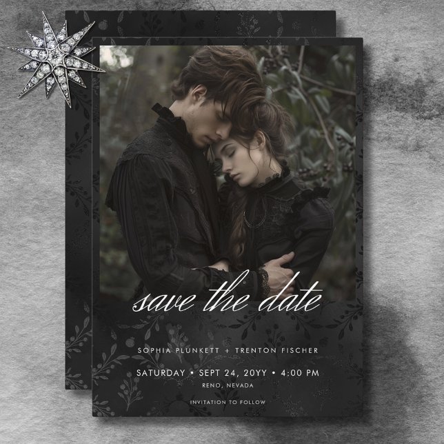 Dark Moody Black Satin Damask Photo Wedding Save The Date (Dark Moody Black Satin Damask Photo Wedding Save The Date)