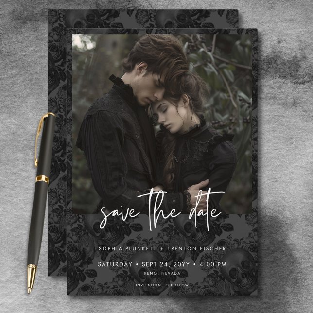 Dark Moody Black Skull Damask Photo Wedding Save The Date (Dark Moody Black Skull Damask Photo Wedding Save The Date)