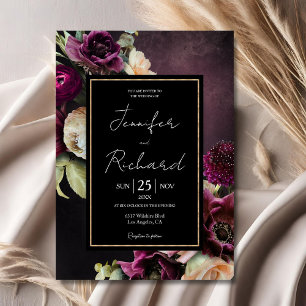 Dark Moody Bloom Dusty Purple Black Wedding  Invitation